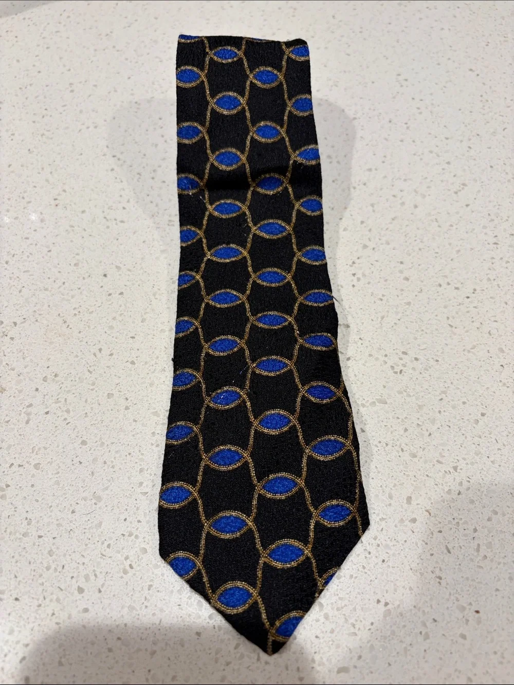 Valentino Black Silk Tie with Blue & Gold Geometric Motif - Boys length